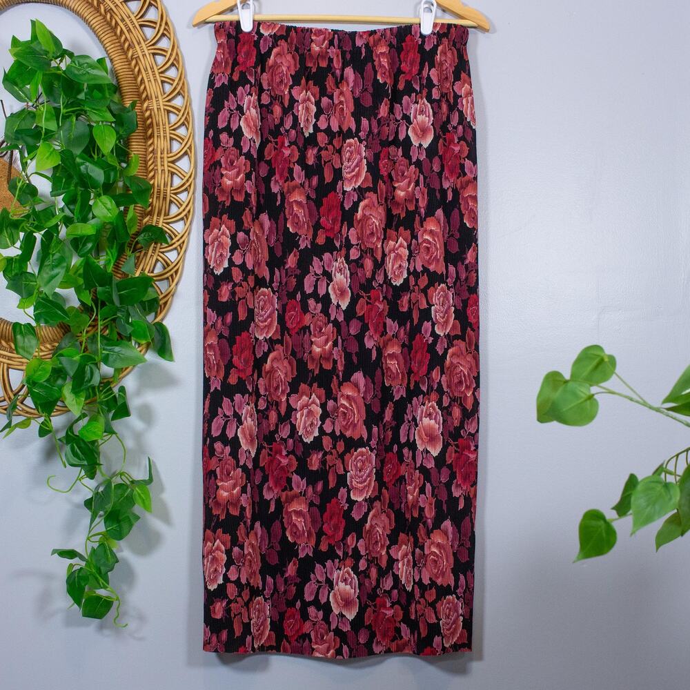 Black Rose Floral Midi Skirt Elastic Waist Romantic 90s Vtg | Dark Autumn